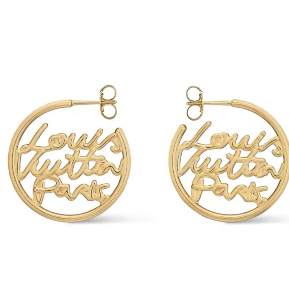 LV Gold Script Round  Earrings